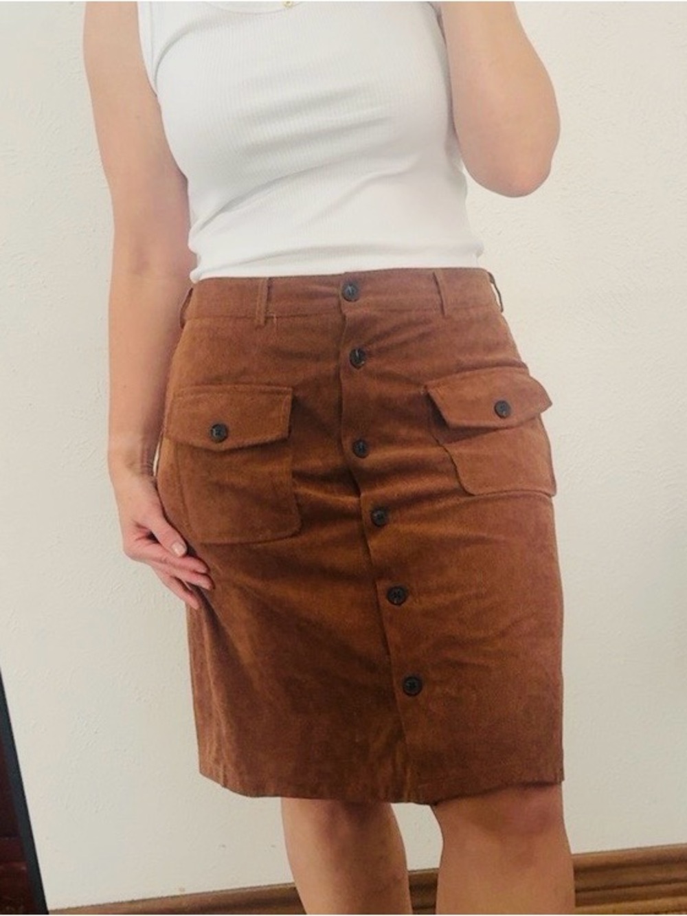 Rust Corduroy Button Front Utility Pocket Midi Skirt